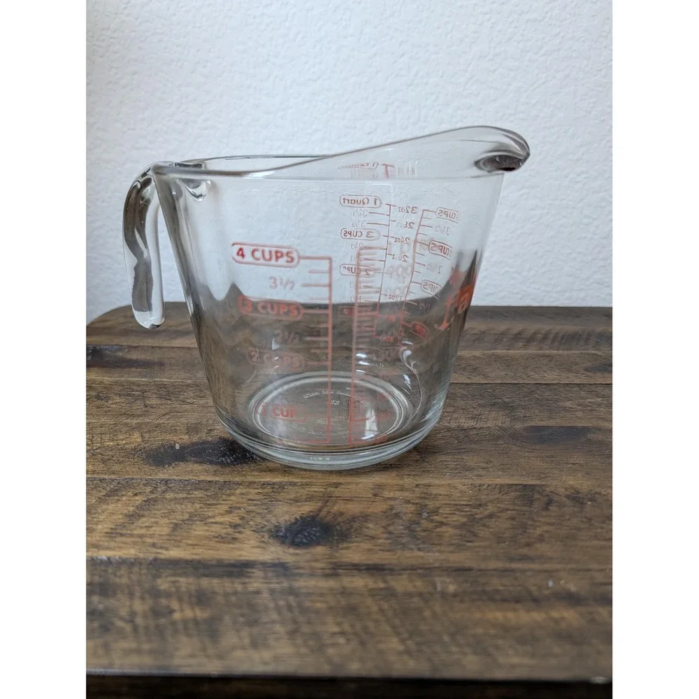Vintage Anchor Hocking 4-Cup Glass Measuring Cup | Red Lettering 1-Quart | USA